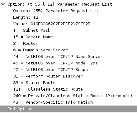 DHCP Option 55 Wireshark capture example